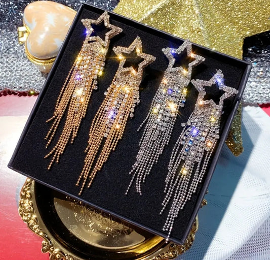 Hollow Pentagram Design Full Shiny Rhinestone Decor Tassel Dangle Earrings Retro Bohemian Style Banquet Party Ornaments